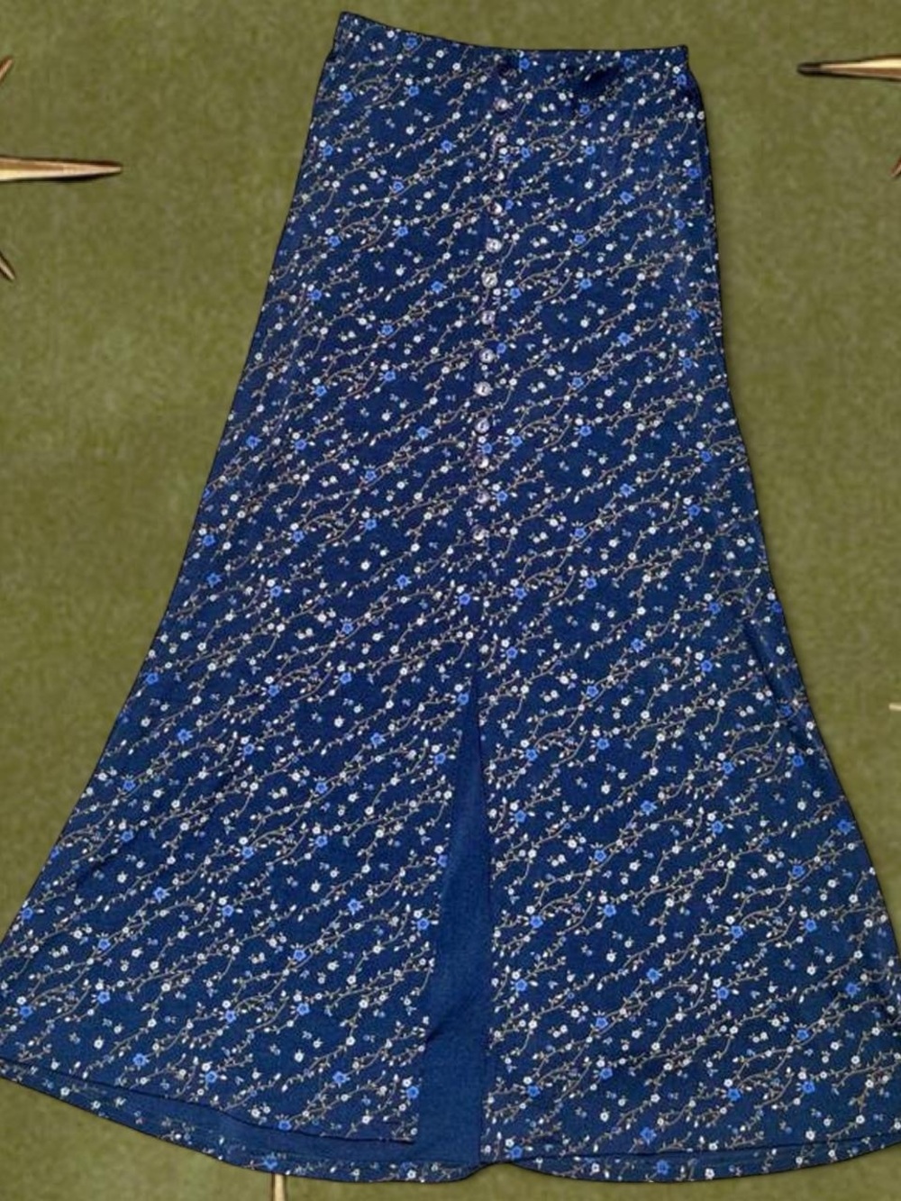 90s Navy Blue Floral Maxi Skirt